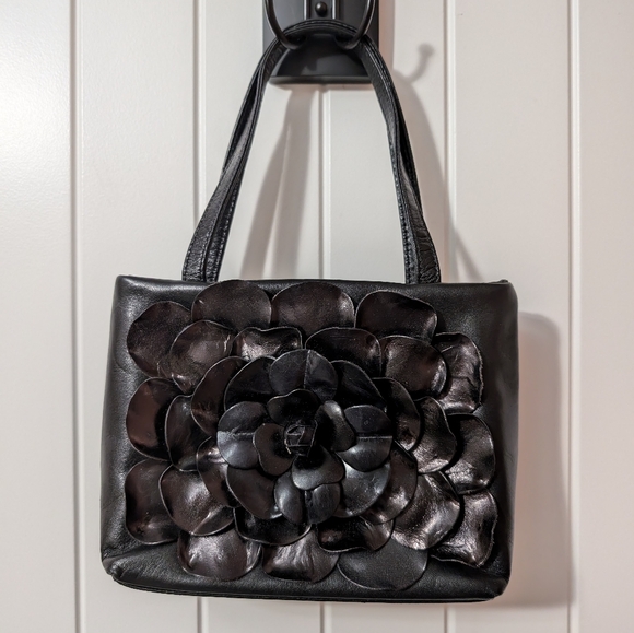 Vintage Paolo Masi Leather Flower Small Handbag Black - Picture 1 of 7